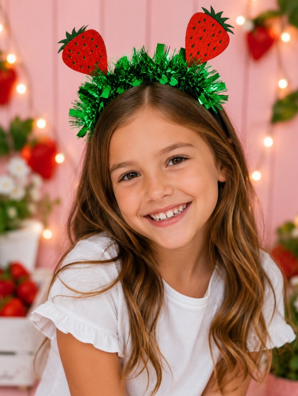 Set of 2 new strawberry-themed party headbands featuring glitter red strawberrie